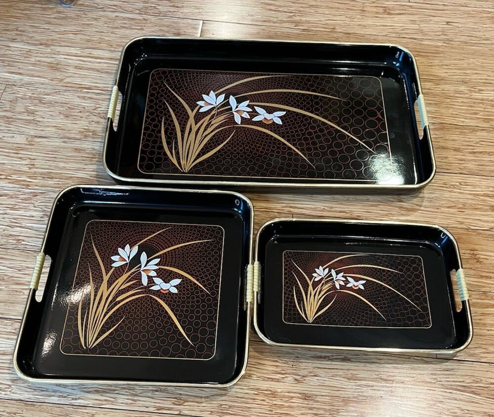 VTG Set Of 3 Japanese Nesting Trays Black Lacquer Ware Set of 3 Gold Red Floral